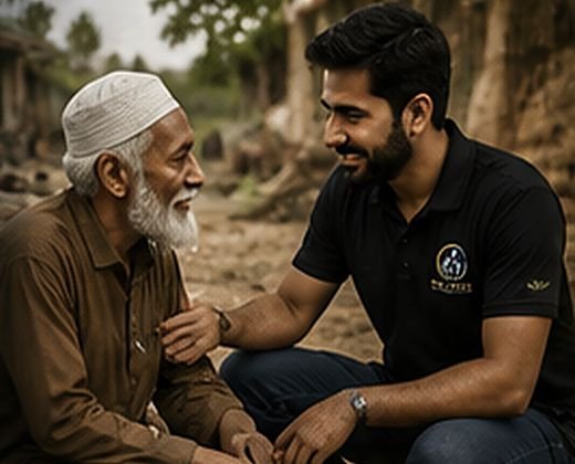 A volunteer sitting with a community elder