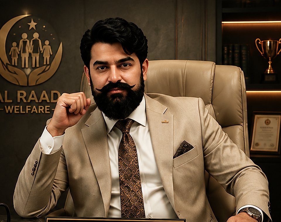 Mian Muhammad Hafeez, Founder and CEO of Al Raad Welfare, at his office desk